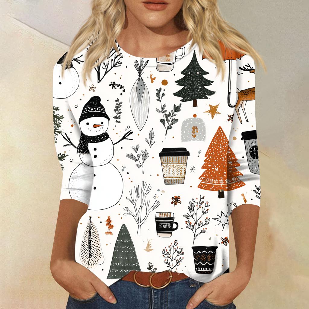Women's Fashion Casual Round Neck Three-quarter Sleeve Christmas Print T-shirt Top