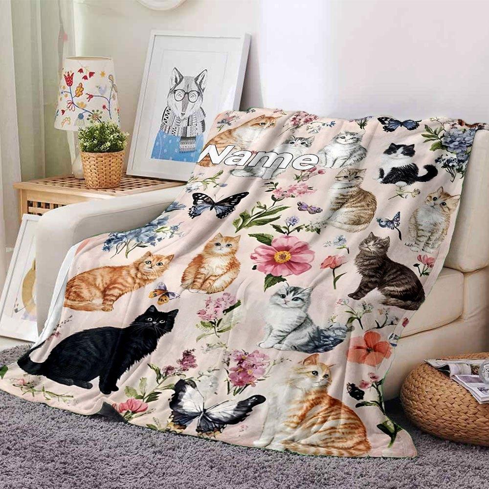 Cats And Flowers Home Customize Your Name Blankets Soft Cozy Lightweight Blanket For All Seasons Perfect For Picnics Sofa Office Bed Living Room Ideal
