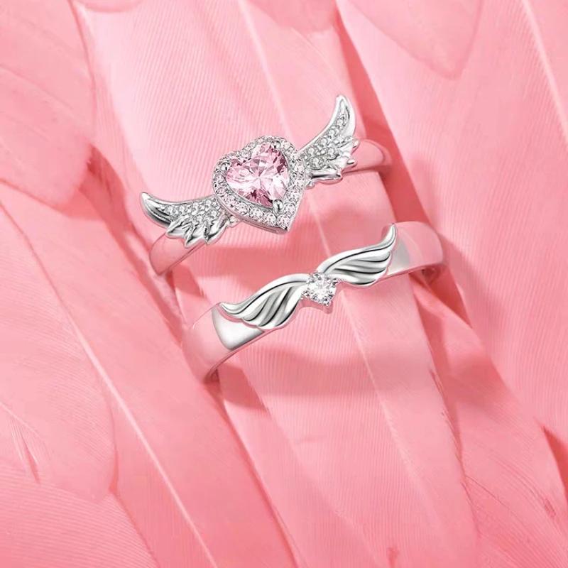 Chic Angel Wing Ring for Couple Pink Heart Cubic Zirconia Eternity Rings Romantic Forever Love Finger Jewelry Valentine Day Gift