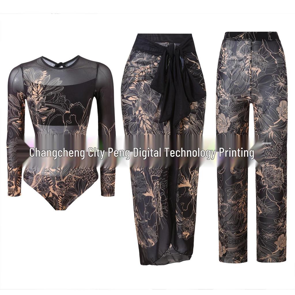 Women's Three-Piece Set: One-Piece Long-Sleeved Sun Protection Swimsuit with Mesh Long Pants