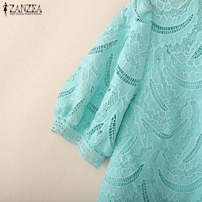 ZANZEA Bluză casual de vară cu mâneci scurte și guler rotund pentru femei, cu dantelă patchwork
