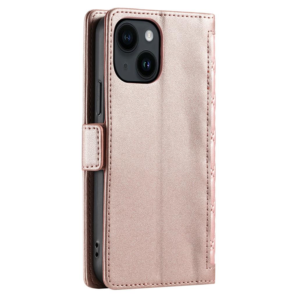 For iPhone 15 Leather Case Rhombus Texture Wallet Stand Phone Cover with Wrist Strap
