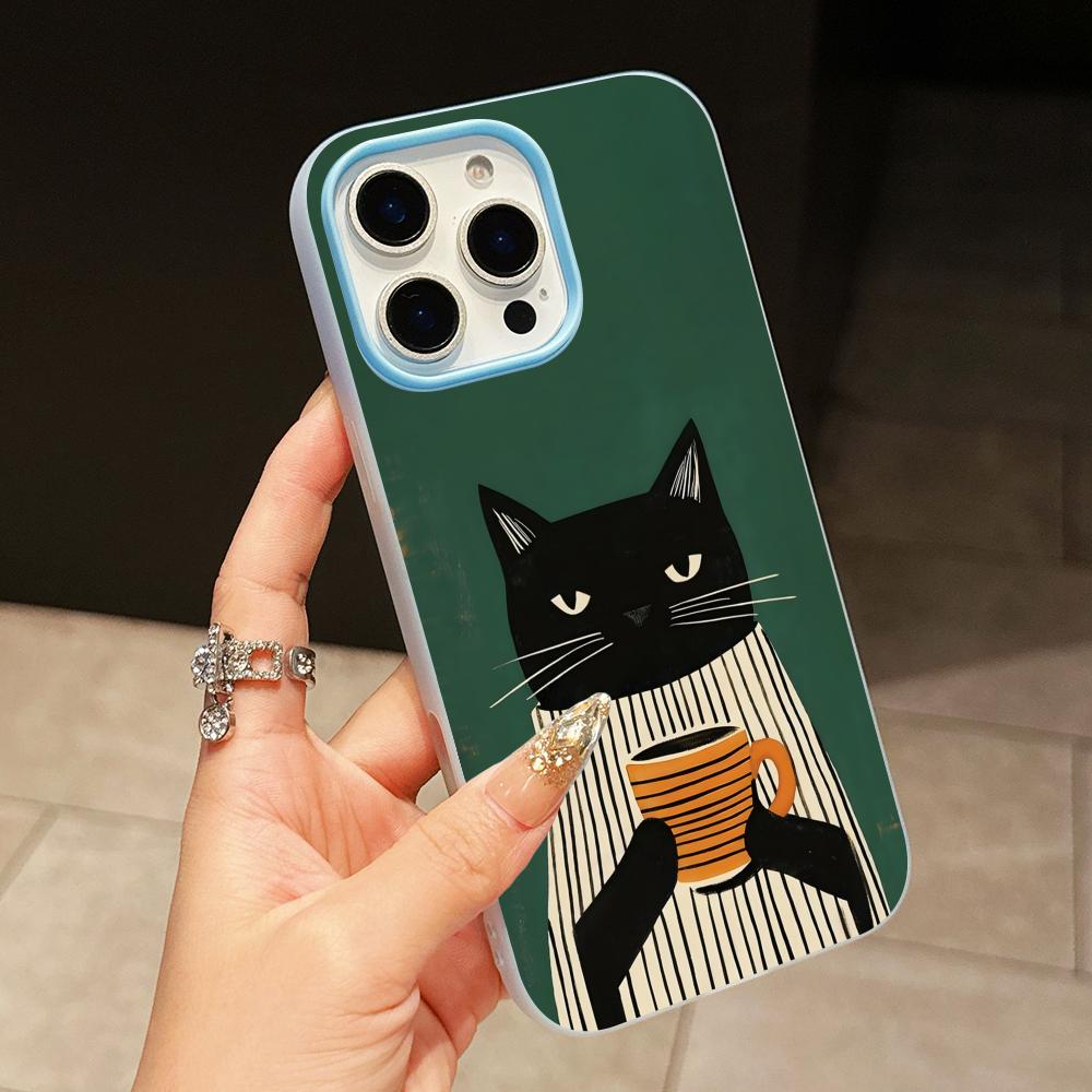 Cute Coffee Cat Jelly Double layer Light Blue Mobile Phone Case for iPhone 17 16 15 14 13 12 11 Air Pro Max Plus Protective