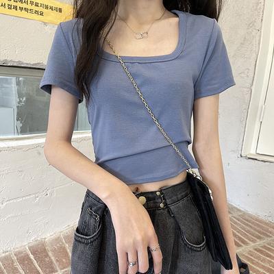 Kurzes Sommer-T-Shirt für Damen, einfarbig, neues, hoch tailliertes, schmales und vielseitiges Kurzarm-Oberteil mit quadratischem Kragen