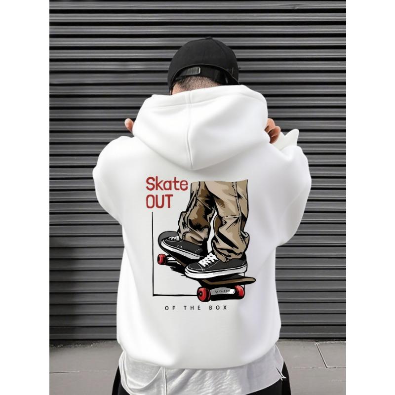 Street Skateboarding Culture "Skate Out" Logo Printed Men's Hooded Sweatshirt with Loose Pullover Trendy Fall/Winter Daily Top