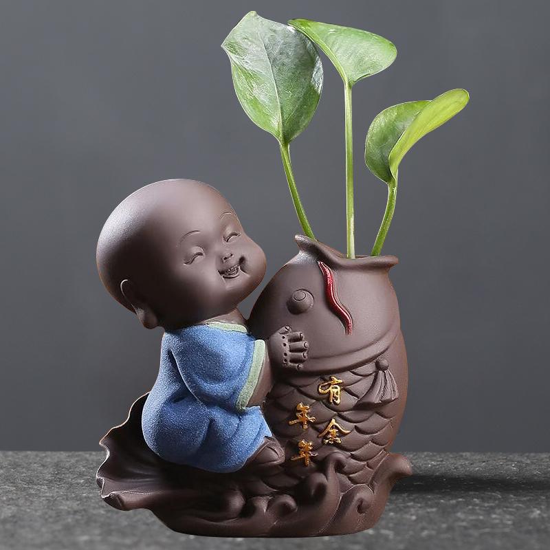 1PCS Ceramic Tea Pet Ornaments Small Buddha Statue Monk Figurine Desktop Flower Pot Hydroponic Plant Decoration Tea  Accessories
