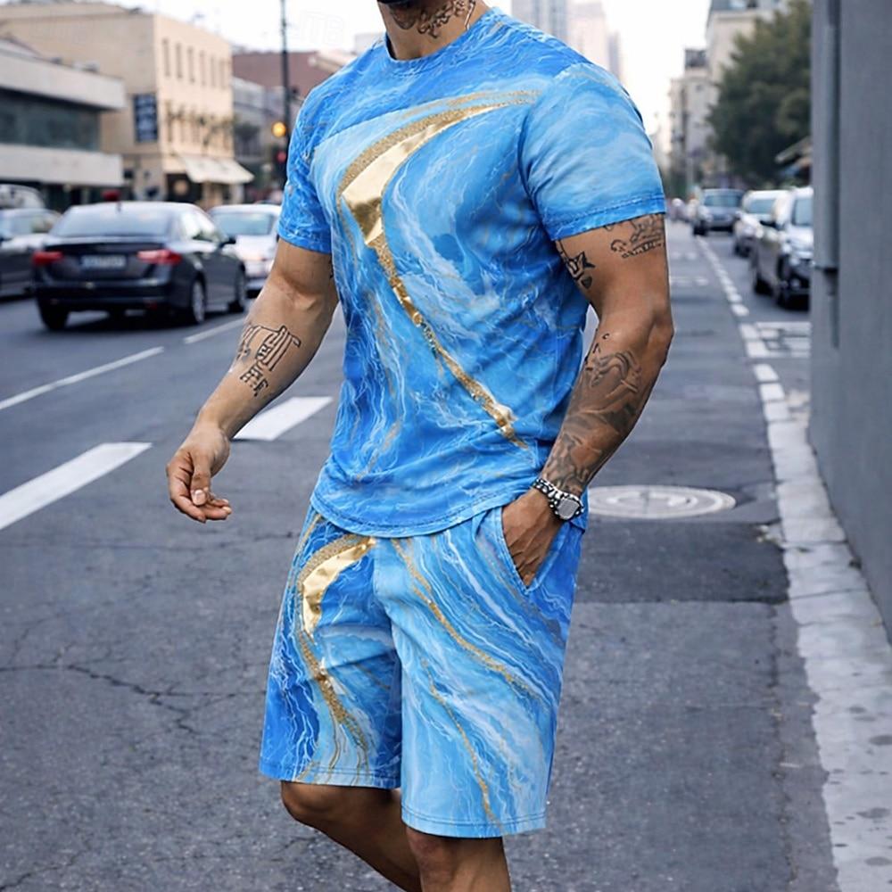 Men's Geometic Marble 2pcs Tees Summer Tops Short Sleeve Short Pants Crew Neck Casual Sets
