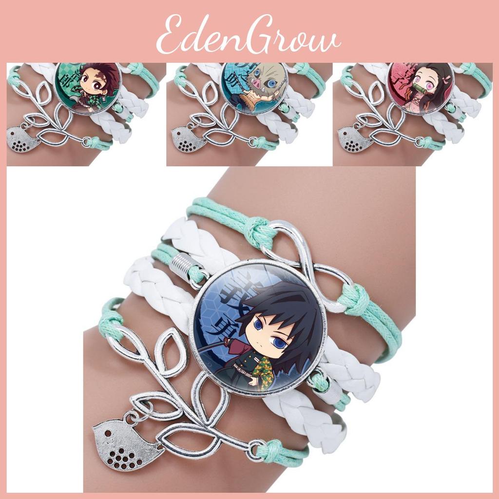 Elegant Demon Slayer Anime Bracelet With Green Leaf Time Gem And Leather Straps