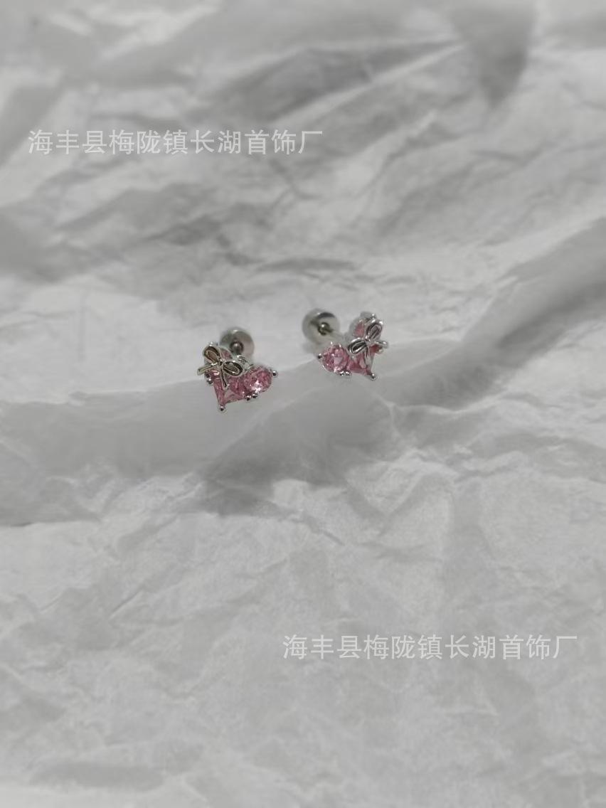 Orange Sea Pink Sweet Girl Bow Love Ear Bone Cochlear Stud Titanium Steel Zircon Versatile Stud Earrings Women