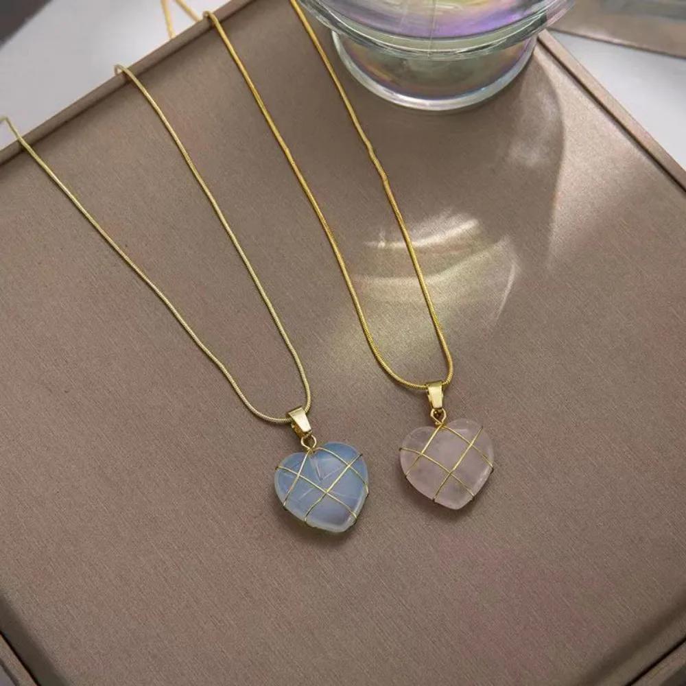 Opal White and Pink Crystal Necklace for Woman Girls Rose Quartz Necklace Jewelry Accessories Gift
