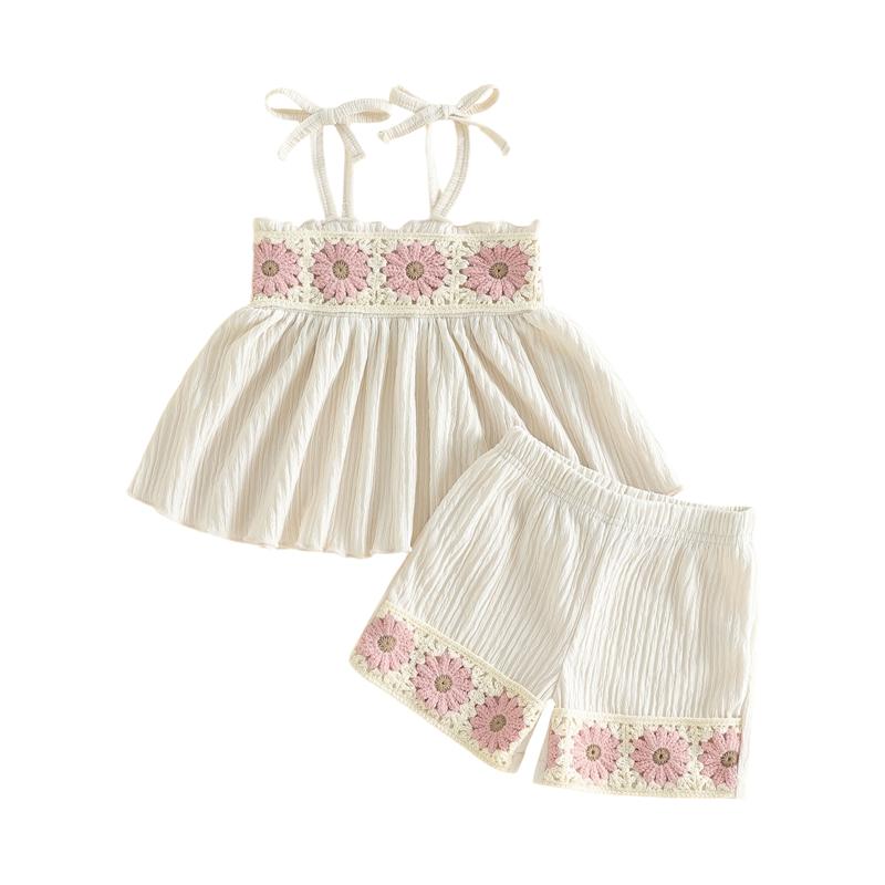 

Girls Suit Summer Fashion Children Style Flower Crochet Spaghetti Strap Tops and Shorts Two-piece Girls Clothing Sets 2-3Y бежевий