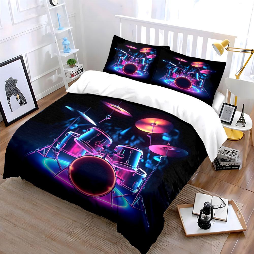 Neon Drum Set Art Decor Soft Comfortable Duvet Cover Bedding Set Included 1*Duvet Cover & 2*Pillowcases, Gift