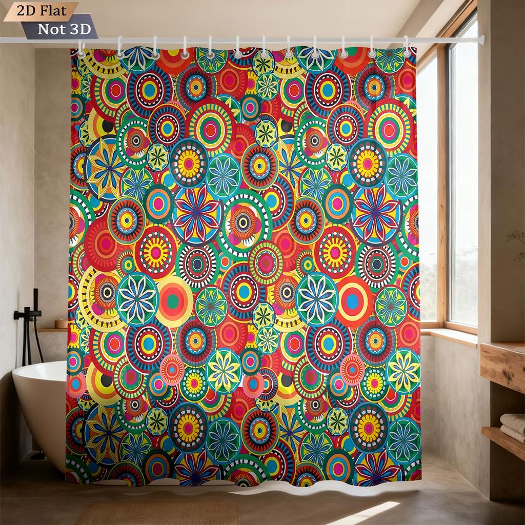 1pc Bohemian Color Retro Pattern Print Waterproof Privacy Partition Shower Curtain With 12 Hooks Multiple Sizes Machine Washable