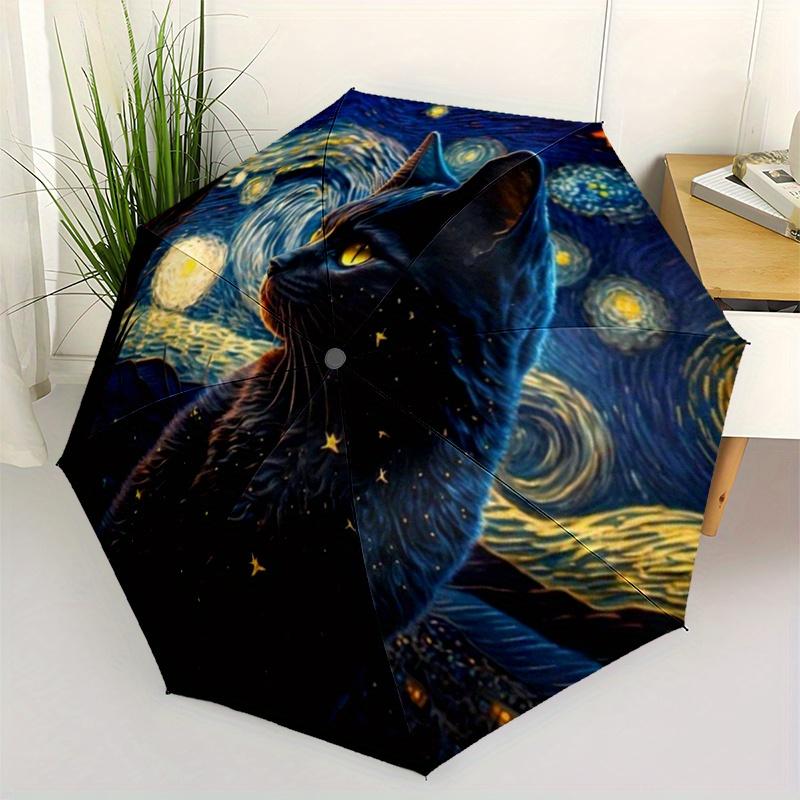 Starry Night Cat Umbrella - Automatic Folding, 8-Rib Durable Design, Vibrant Cosmic Art Print, Perfect Holiday Gift, Holiday G