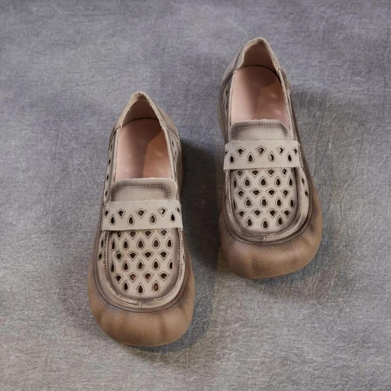 Johnature Soft Soled Slip-on Genuine Leather Loafers Comfortable Hollow-out Breathable Women's Flat Shoes