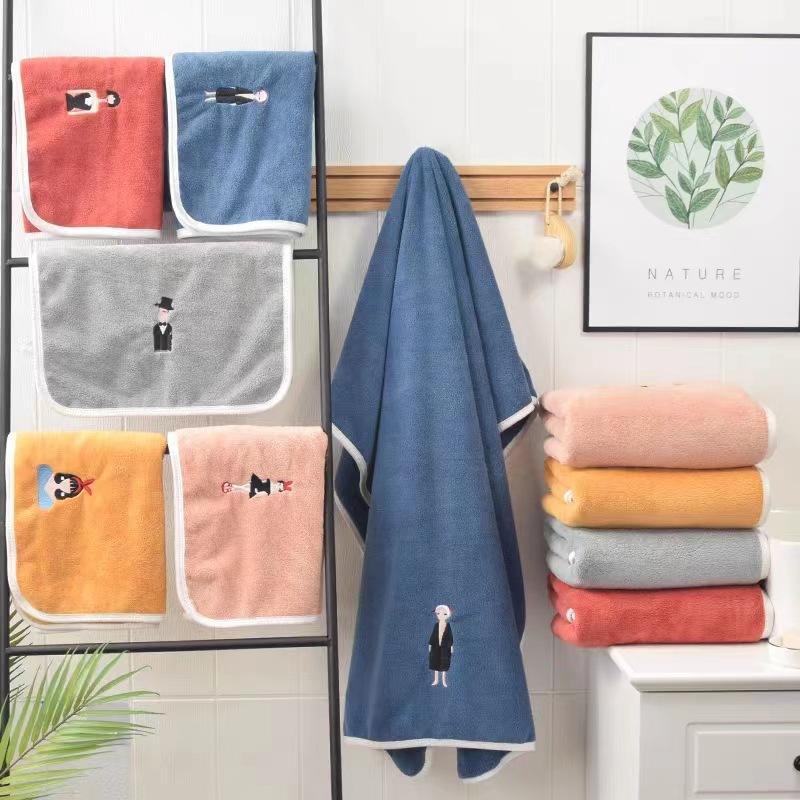 High-density Coral Fleece Embroidered Bath Towel Towel Two-piece Set Soft and Quick-drying Absorbent Beach Towel Cute Household Wrap Towel