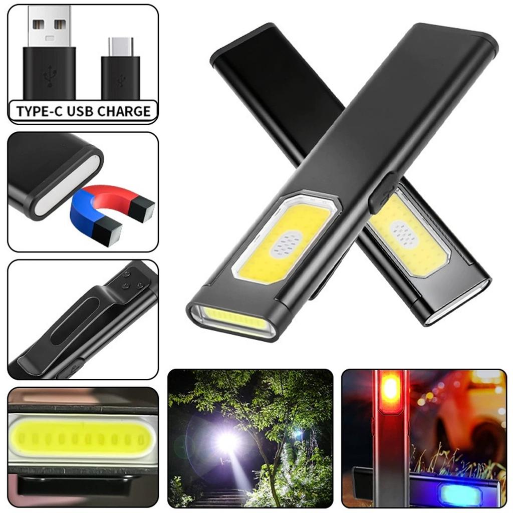 Portable USB Flashlight – Magnetic Rear Light with Back Clip, Multi-Functional Outdoor Work Lamp for Camping, Garage &