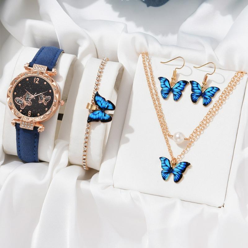 Ladies Watch, Butterfly Face Bracelet Necklace Set, Trendy Ladies English Watch Women's Watch