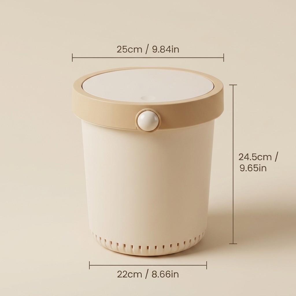 Beige Plastic Trash Can with Lid Push Button Round Wastebasket Odor-Proof Bathroom Kitchen Garbage Bin Desk Bedroom Dustbin
