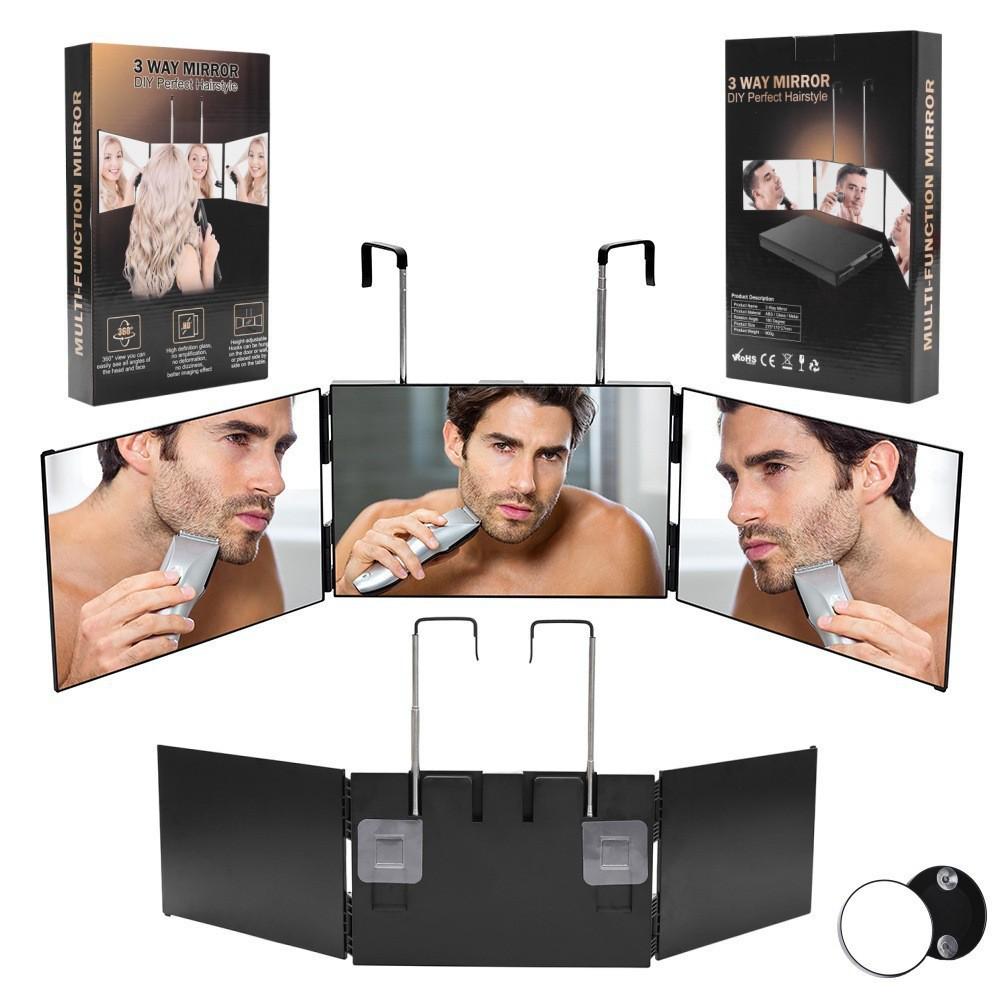 Three-Way Self-Haircut Folding Mirror with Adjustable Telescopic Bar for Back Views