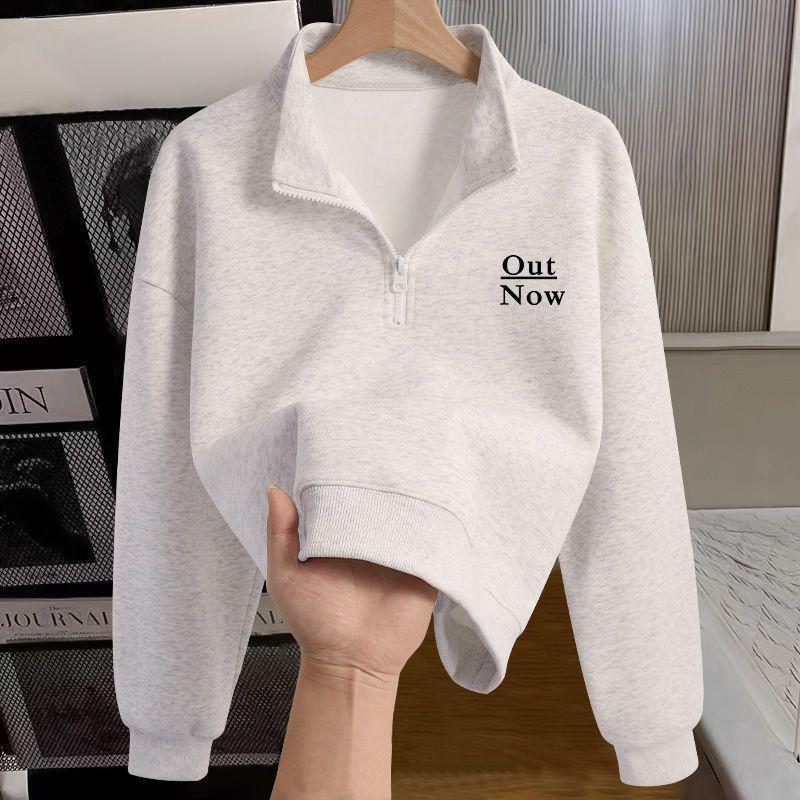 Womens Half Zip Sweatshirt Polo Neck Loose Fit Letter Print Top Daily Wear