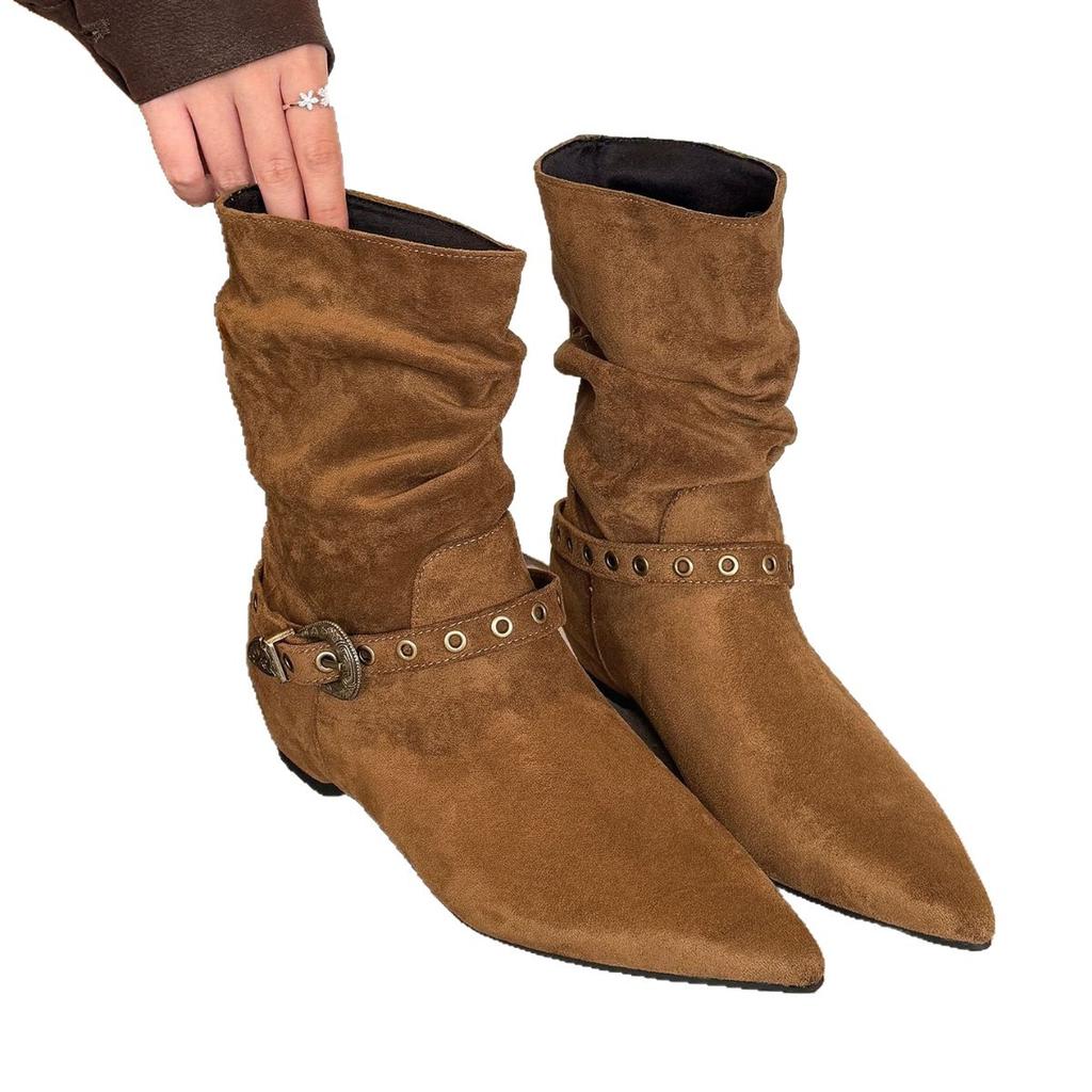 Retro Thick Heel Two Wear Pointed Knight Boots Women's 2025 Autumn and Winter New Suede Belt Buckle Versatile and Thin Boots