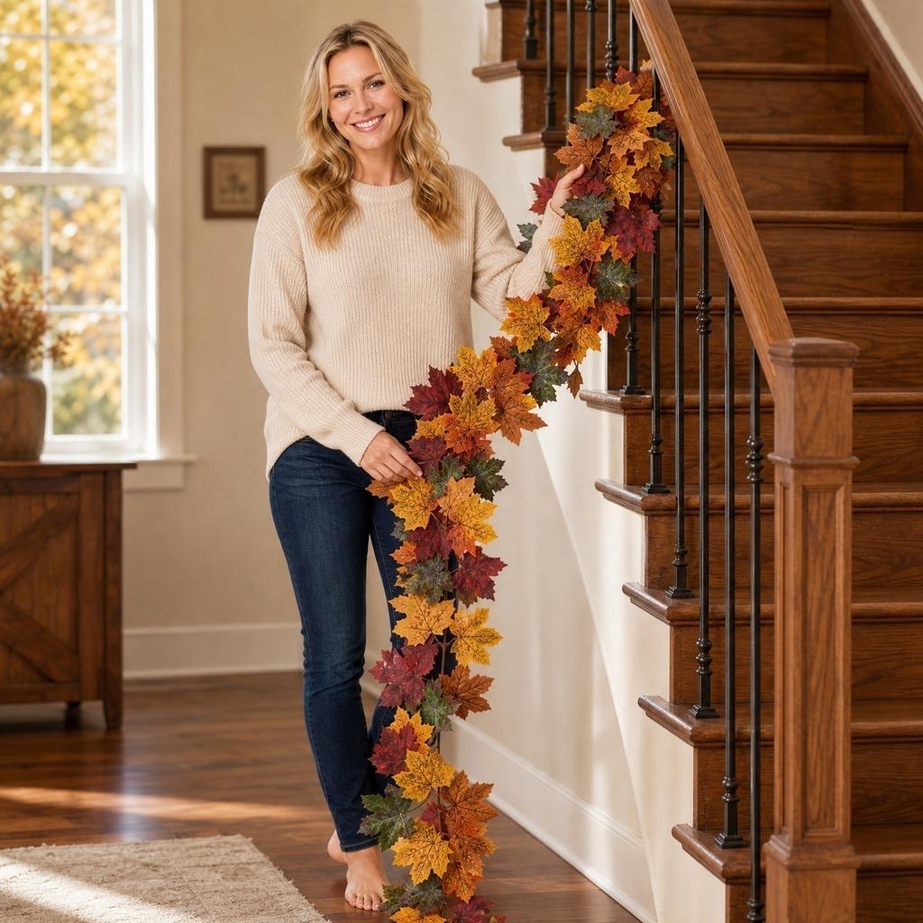 Artificial Autumn Leaf Garland with Realistic Vines and Pumpkin Decorations for Seasonal Home and Event Decoration Indoor and Outdoor Use