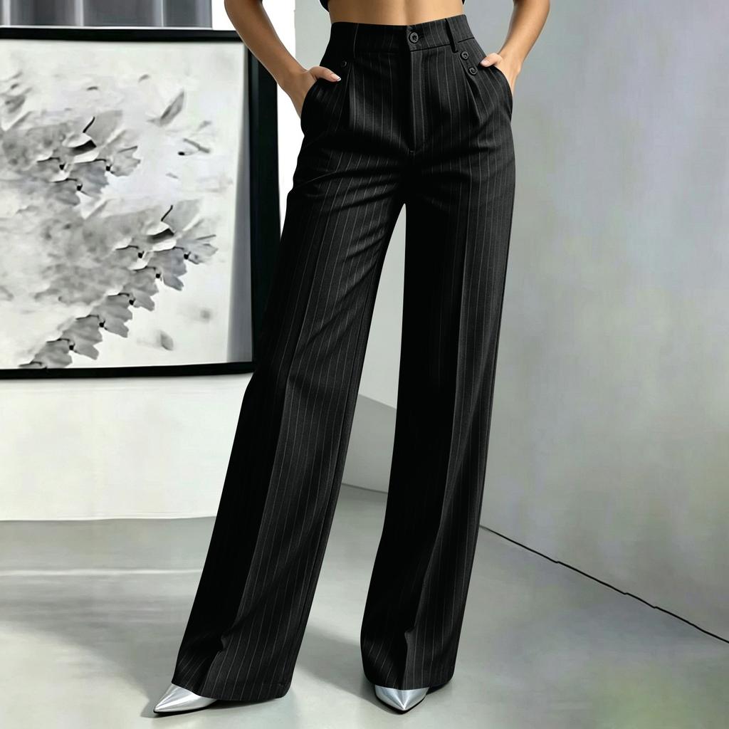 Women's Striped Loose Fit Straight Leg Dress Pants with Pockets and Button Closure for Casual and Wear