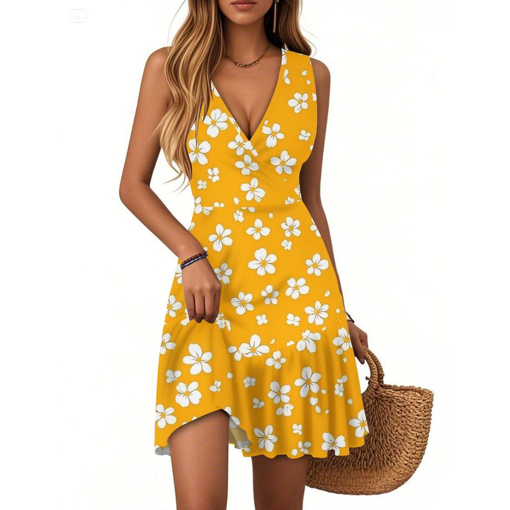 Women's Dress V-neck Sleeveless Casual Floral Print Hem Pleated Dress