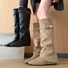 Inner Heightening Suede Piling Boots Women's Autumn and Winter New Belt Buckle Knight Boots Two Can't Wear Knee Trousers Boots