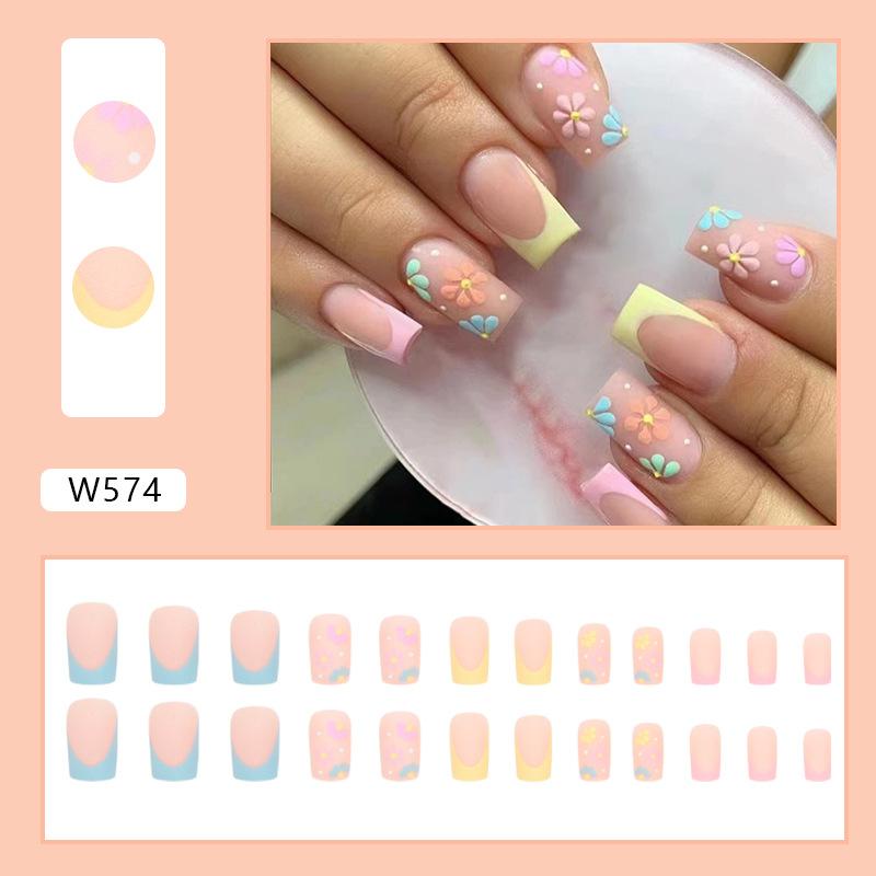 Summer Colorful Fresh And Cute Flowers European And American Fake Nails Solid Color Matte Nail Art Pieces Fashion Wear Nail