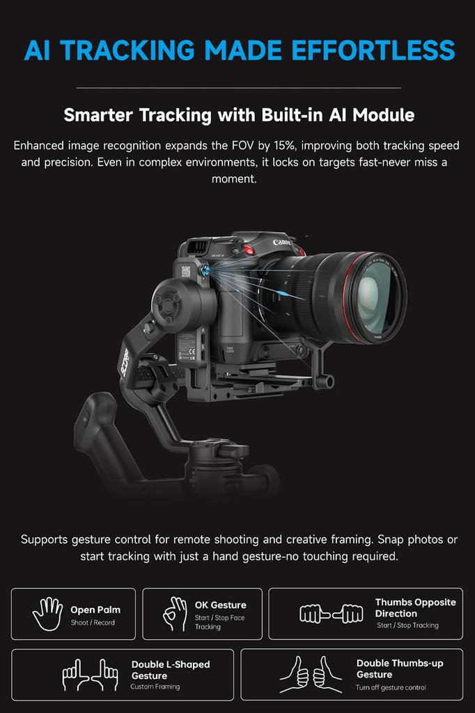 FeiyuTech SCORP 3 Camera Gimbal with AI Detachable Remote Control Max Camera Bluetooth Shutter and Portrait Mode Built-in Tracker, Handle, 3.5kg