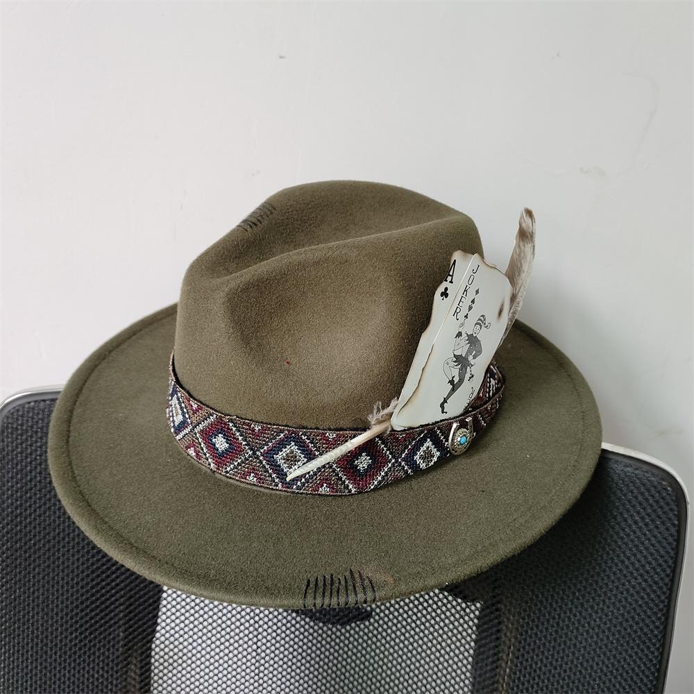 Freedom Outdoors Women's Green Men's And Feather Fedora Army Felt Hat Wide Brim Jazz Hat Gentleman Hat Playing Card Design Fedora Autumn Winter 56-58Cm
