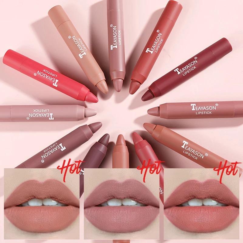 Batom Matte 12 Cores À Prova D'água Veludo Nude Lápis Batom Vermelho Sexy Marrom Pigmentos Maquiagem para Lábios Tinta Labial de Longa Duração