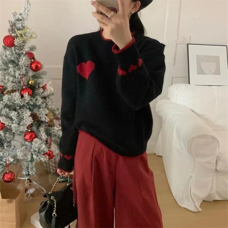 Autumn and winter new knitted pullover sweater women's contrasting color love fashion versatile and thin top women