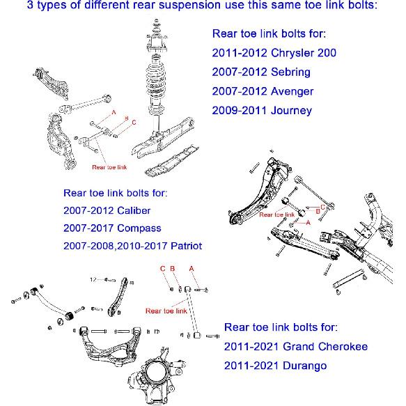 Kit Bulloni di Regolazione Tirante Posteriore, Bulloni Eccentrici Posteriori Compatibili con Chrysler Sebring 200, Dodge Avenger Caliber Durango Journey, Jeep Compass