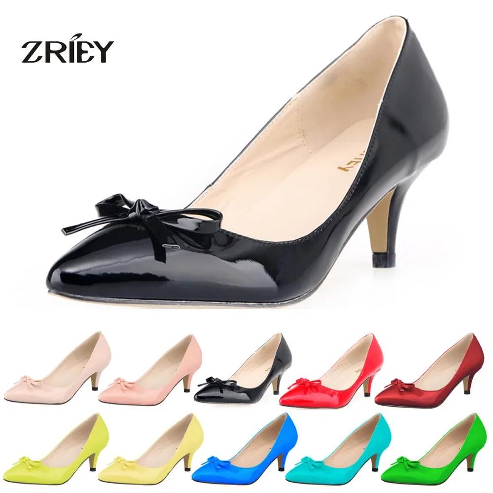 New Women Pumps Sexy 5cm Low Heels Kitten Patent Leather Pointed Toe High Heels Office Work Pumps Bowknot Red Wedding Shoes
