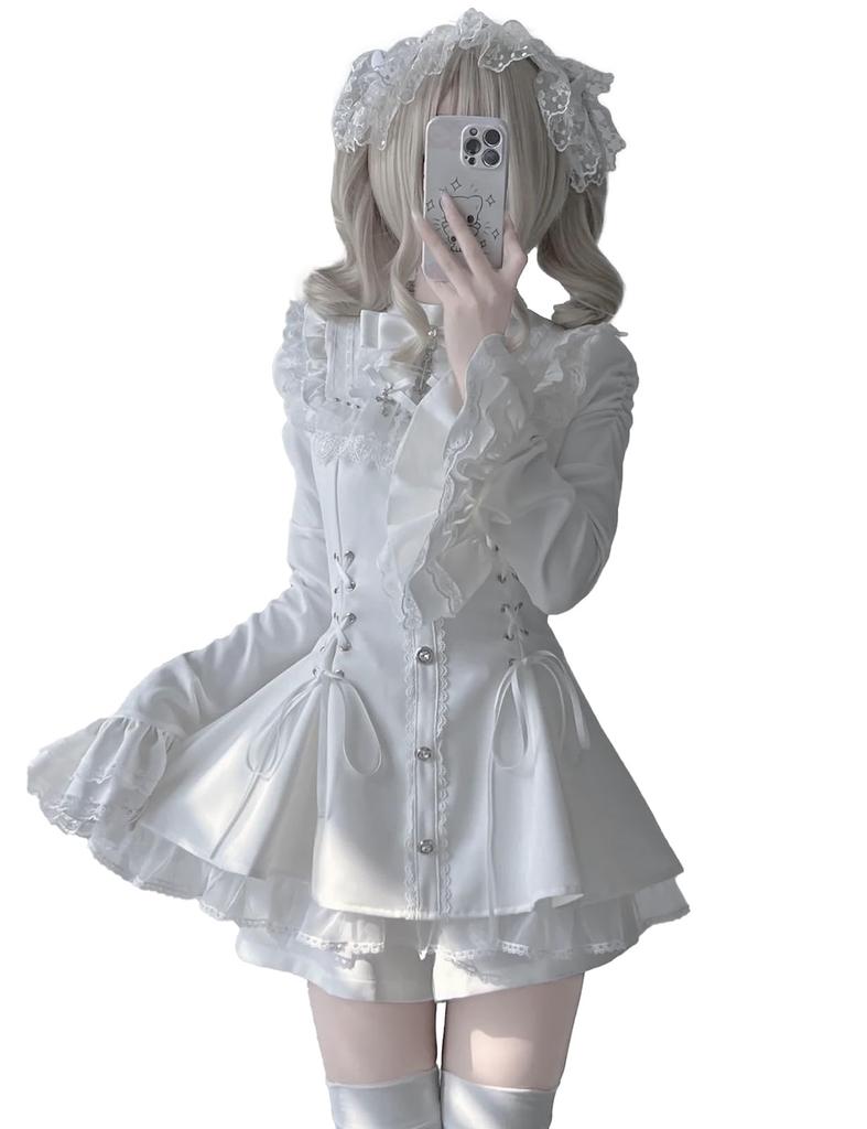 Cute Long Detachable Cross Ribbon Ruffled Flared Lolita Girly Student Outfit [XHSUKADO] Women's Lace-Up Dress, Sleeves, Brooch, Lace, Sleeves, A-Line,