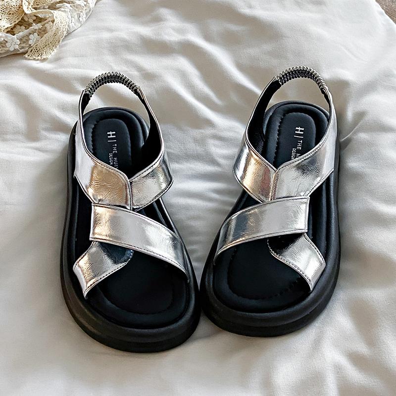 Fashion Female Sandal Comfort Shoes for Women Clogs with Heel Cross 2024 Summer Muffins Shoe Girls Beige New Velvet Thick Low Beach Fash