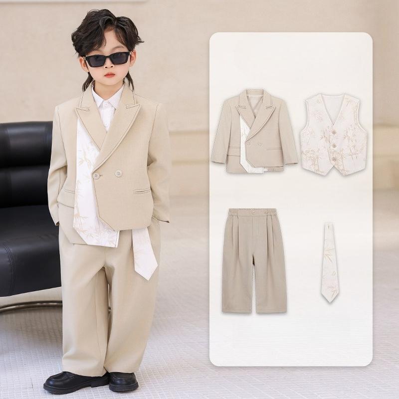 Boys Chinese Style Suit Set Bamboo Print Blazer Vest Pants Shirt for Wedding Birthday Party Photoshoot Kids School Formal Outfit