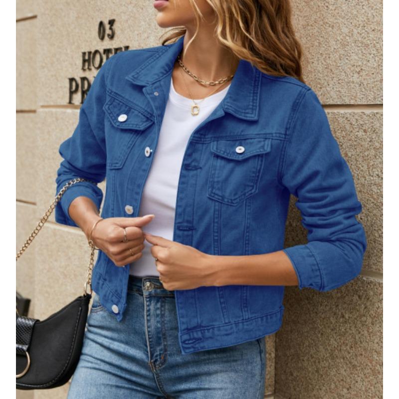 European and American sources of fashion slim-fitting lapel denim jacket solid color versatile