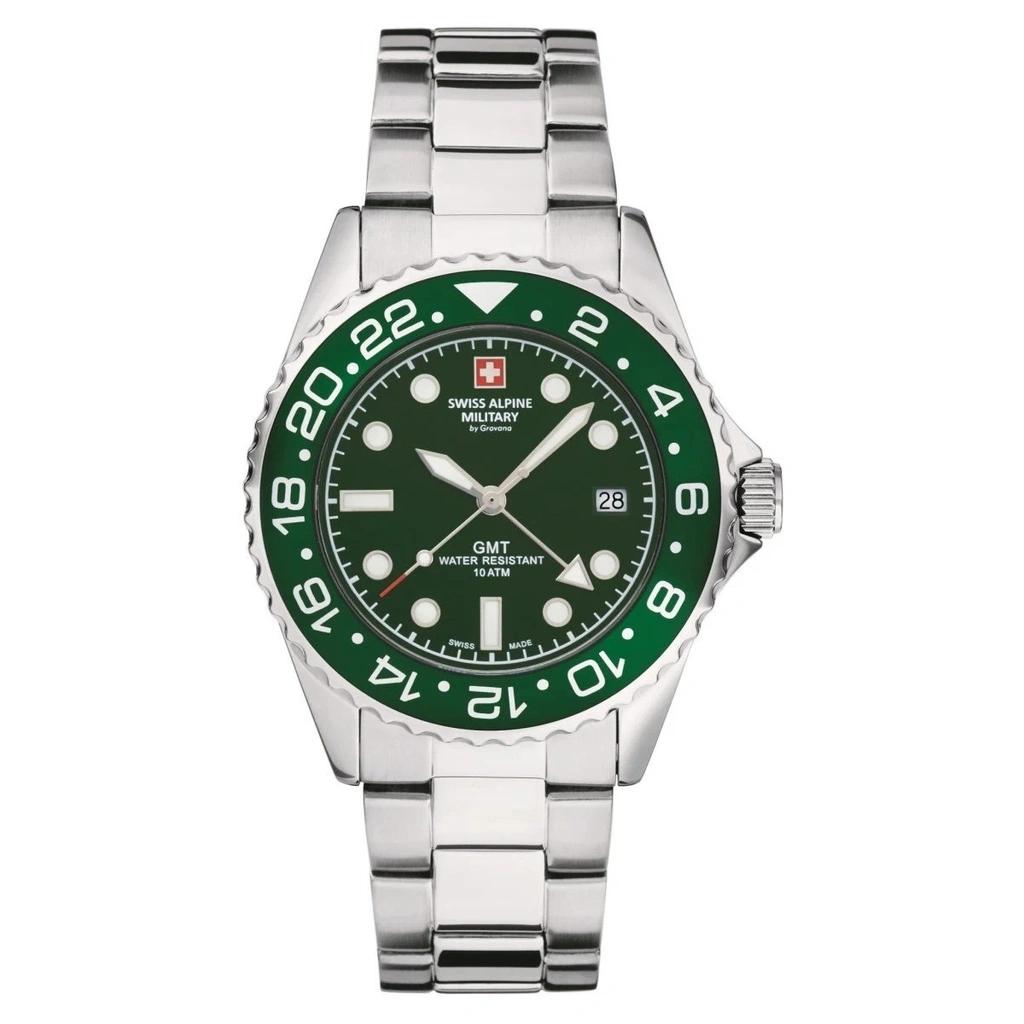 Swiss Alpine Military Master Diver GMT Stainless Steel Green Dial Quartz 7052.1134 100M Men's Watch