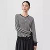 Artistic Striped Mulberry Silk Cardigan - Women's Black & White Round Neck Knit Top for Autumn