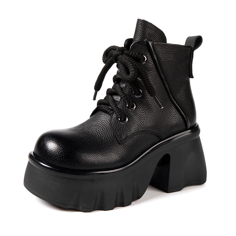 Women's Genuine Leather Martin Boots - Thick Sole, High Heel, Petite Height Boost, Versatile British Style for Autumn/Winter.