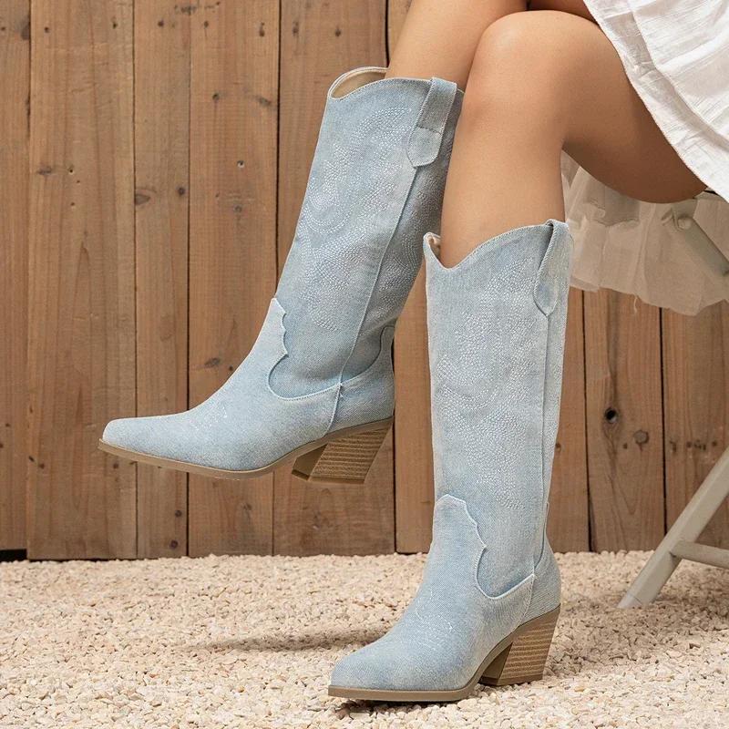 Fashion Fashion Denim Pointed Toe Knee-High Boots Women Hand Embroidery Design Western Square High Heels Autumn Winter Shoes Botas Mujer