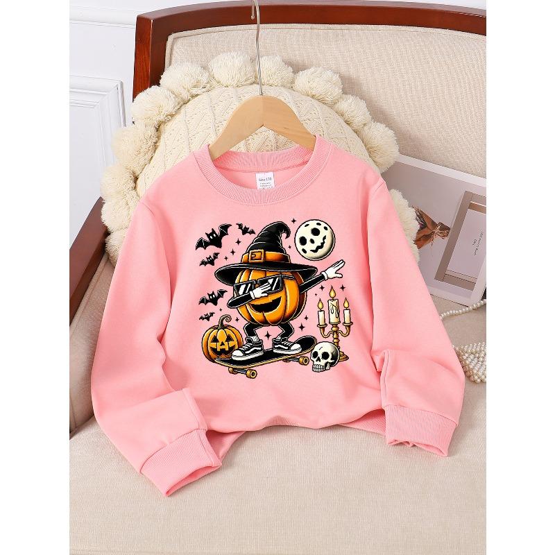 European sizes Girls' Long-Sleeve Crewneck Sweatshirt "Pumpkin Skateboard" Printed Top, Casual for Celebrations & Everyday Wear