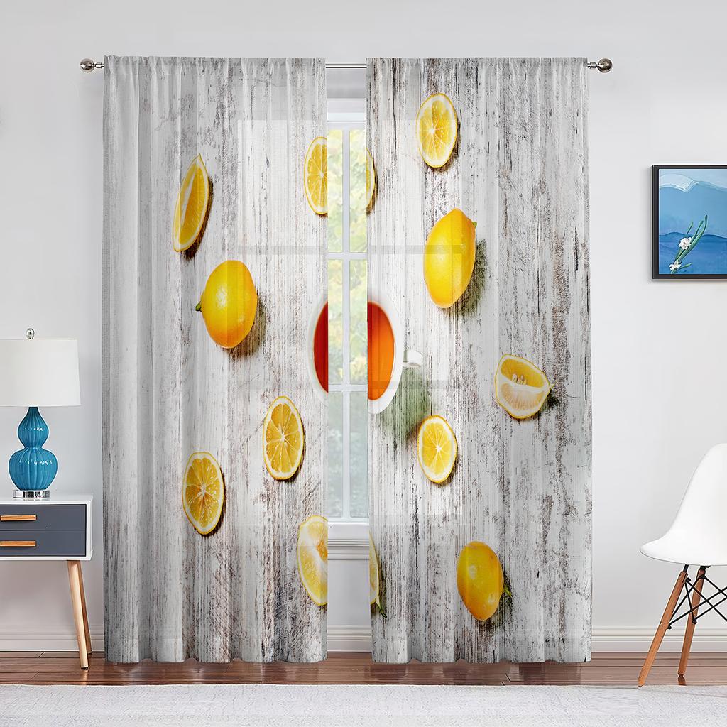 Gelbe Zitrone Frucht Grüne Blätter Transparente Vorhänge Fensterdekoration für Küche Wohnzimmer Schlafzimmer Dekoration Moderne Tüllvorhänge