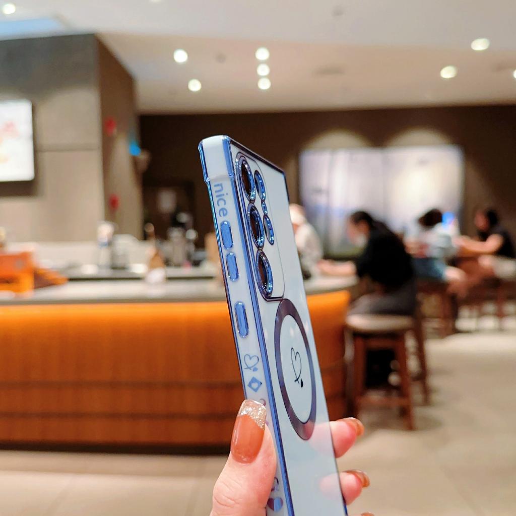 For Samsung Galaxy S24 Ultra Magnetic Case Electroplated Love Hearts TPU Phone Cover with Chain Strap