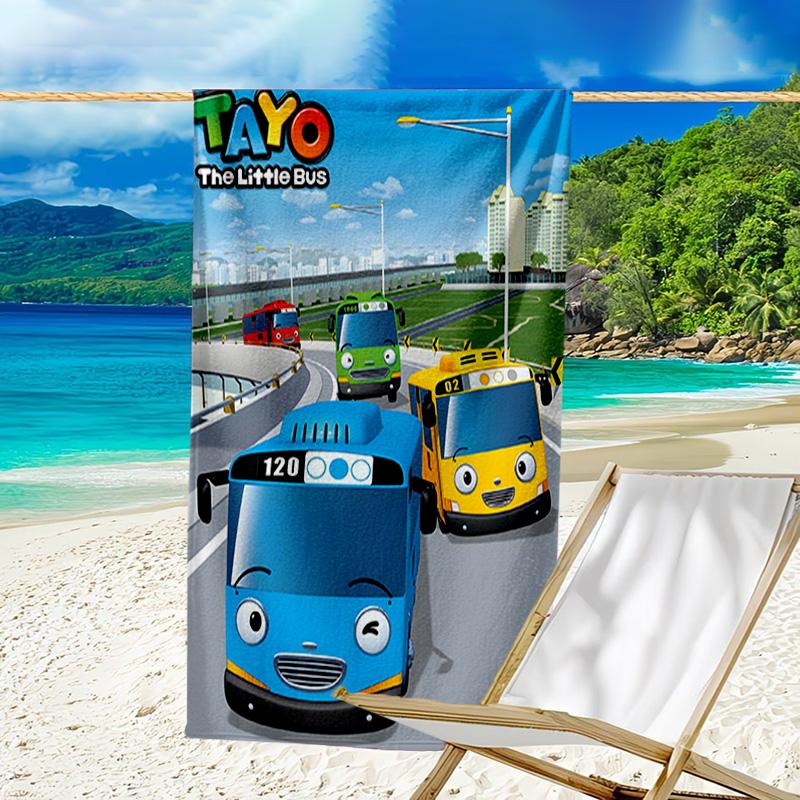 1pc Tayo The Little Bus1 Beach Towel, Beach and Seaside Swimming Pool Equipment, Fashion Pattern, Rectangular, Travel Essentials
