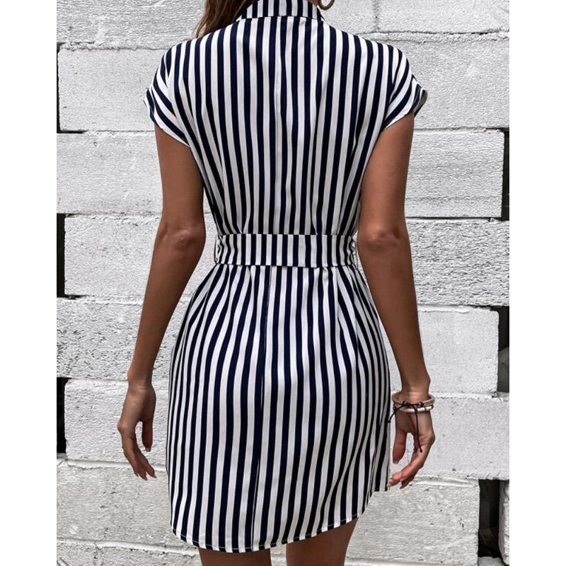 Fashion Short Sleeve Summer Striped Dress V Neck Elegant Slim Fit Elegant Short Party Dresses Casual Lace-up Sweet Street Wear Clothing